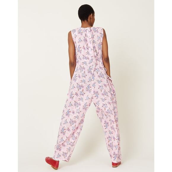 Caron Callahan Goa Pink Coral Floral Sleeveless Cotton Jumpsuit Large Cottage - Picture 2 of 16